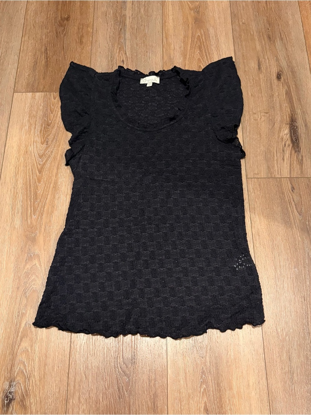 Chenault Black Textured Ruffle Sleeve Tee